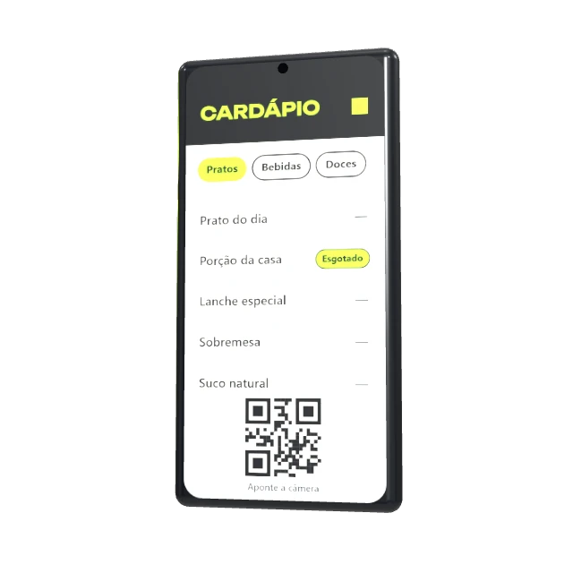 Celular com um cardápio digital aberto, um item marcado como esgotado e o QR code no rodapé